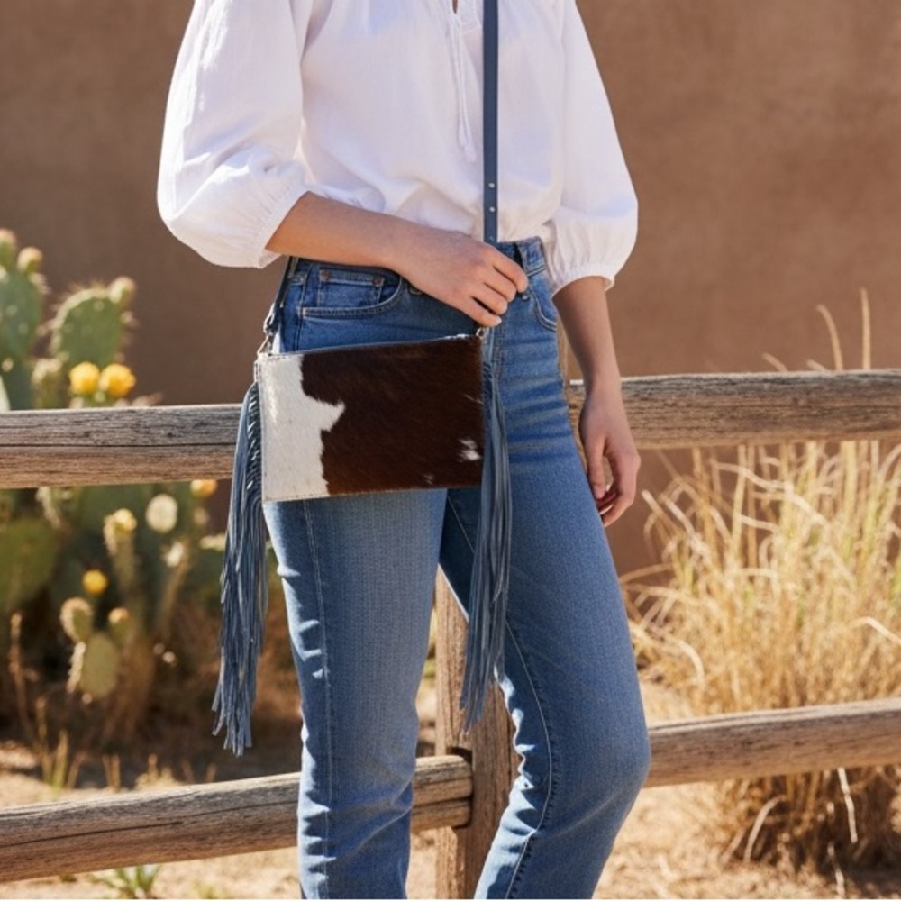 Western Linens-HairOnHide Fringe Crossbody Powder Blue Homestead Coastal Cowgirl - Picture 14 of 14